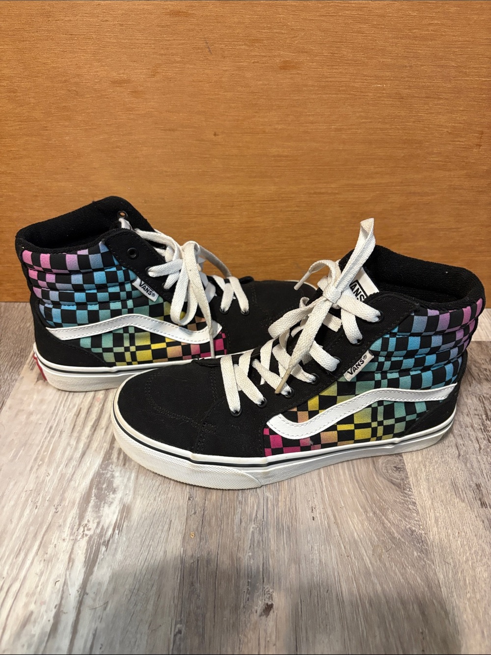 Vans Kids High-Top Checkerboard Sneakers in Black with Multi-Color Accents